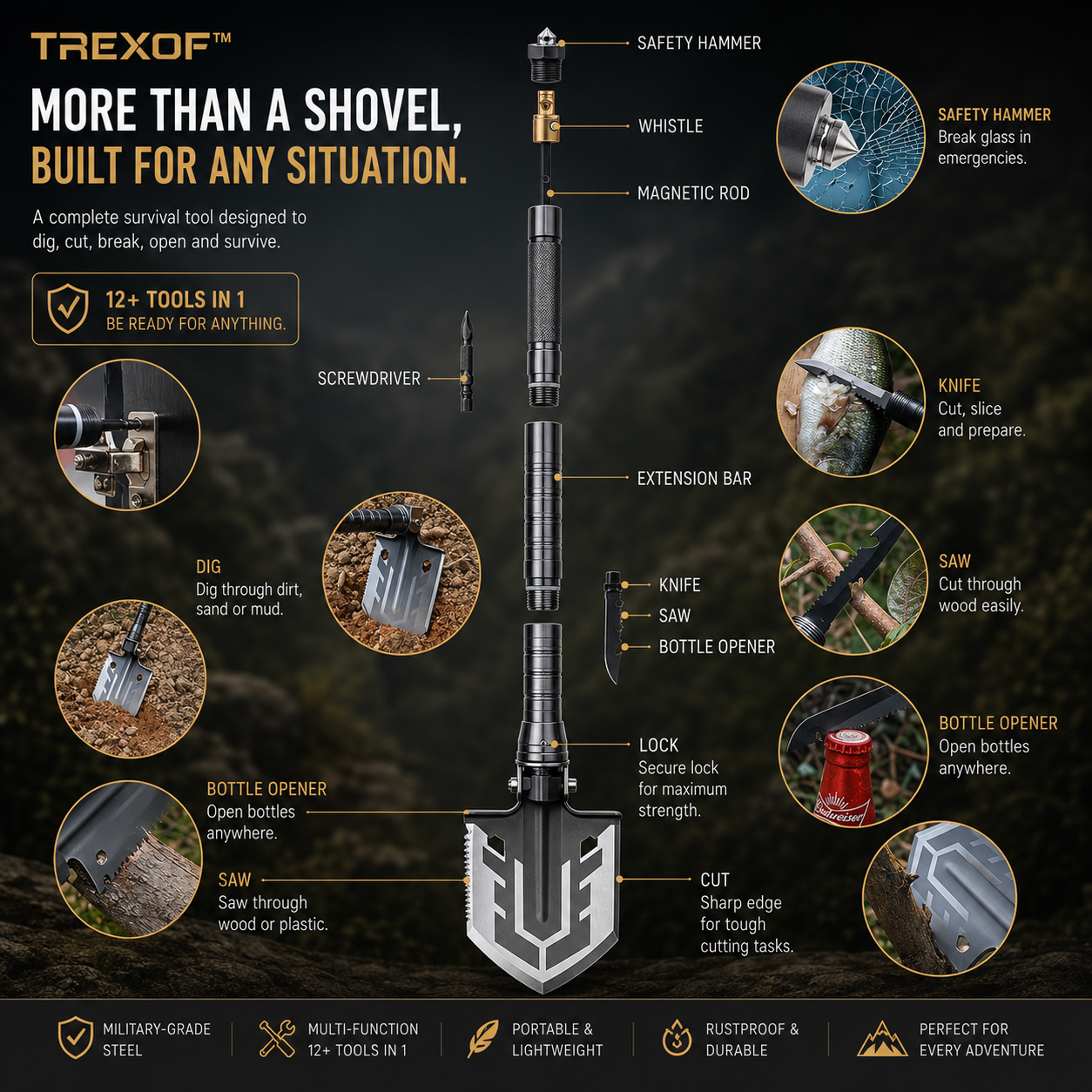 Trexof Shovel - 12+ Tools In 1: Safety Hammer, Whistle, Magnetic Rod, Screwdriver, Knife, Saw, Bottle Opener